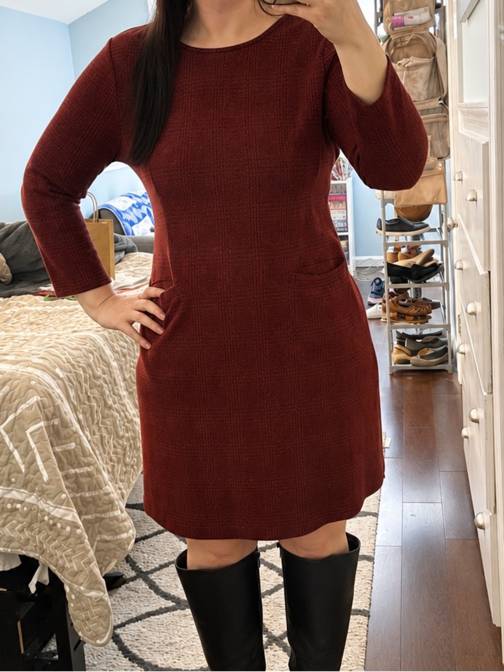 41 Hawthorn Wine-Red Long Sleeve Pocket Dress